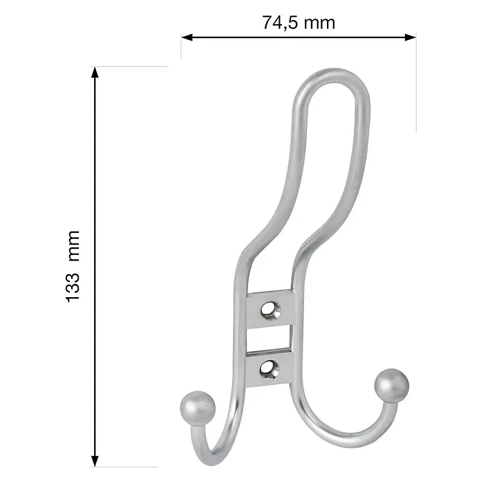 Walteco Garderobenhaken Lorex I - L x B x H: 133 x 74,5 x 55 mm, Anzahl Haken: 3 Stk., Verchromt matt - Silberfarbener Metall-Doppelhaken, 133 mm hoch und 74,5 mm breit.