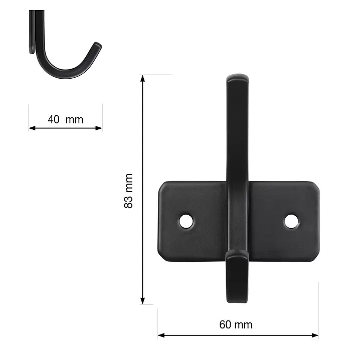 Walteco Garderobenhaken - L x B x H: 60 x 53 x 44 mm, Anzahl Haken: 1 Stk., Mattschwarz - Schwarzer Wandhaken aus Metall mit rechteckiger Montageplatte.