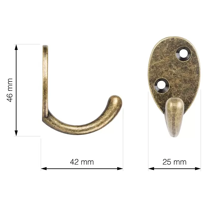 Walteco Garderobenhaken A2 - L x B x H: 42 x 25 x 46 mm, Anzahl Haken: 1 Stk., Brüniert - Bronzefarbener Metallhaken zum Aufhängen von Gegenständen.