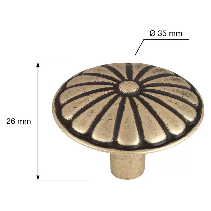Walteco Möbelknopf Breda - Durchmesser: 35 mm, Sonstige, Brüniert - Dekorativer Schrankknauf aus antikem Messing mit Blumenmuster, Ø 35 mm, Höhe 26 mm.