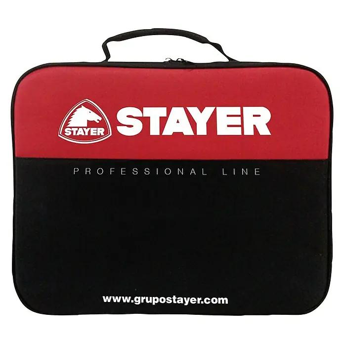 Stayer Taladro atornillador de batería PBL202 + Soldador Inverter PLUS 160BGEK - 18 V, 2 Ah, 2 baterías - La bolsa de herramientas Stayer roja y negra para profesionales ofrece transporte seguro y almacenamiento elegante. Ideal para artesanos.