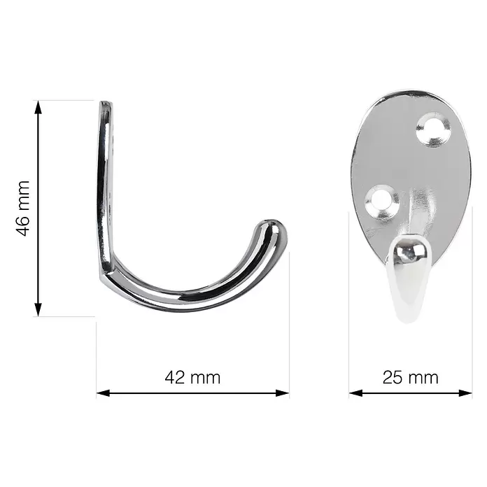 Walteco Garderobenhaken A2 - L x B x H: 42 x 25 x 46 mm, Anzahl Haken: 1 Stk., Verchromt - Verchromter Metallhaken mit Montageplatte, Maße angezeigt.