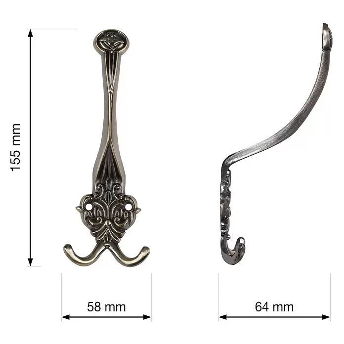 Walteco Garderobenhaken Halen I - L x B x H: 155 x 58 x 64 mm, Anzahl Haken: 3 Stk., Brüniert - Verzierte antike Messing-Doppelhaken, 155x58x64 mm, mit dekorativem Oberteil.