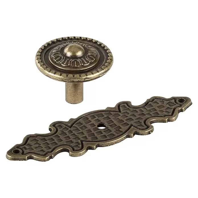 Walteco Möbelknopf Savona - L x B x H: 86 x 25 x 30 mm, Sonstige, Brüniert - Antikes Messing-Möbelknauf und Beschlagplatte mit Ornamenten.