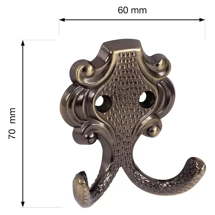 Walteco Garderobenhaken Geel II - L x B x H: 60 x 70 x 28 mm, Anzahl Haken: 2 Stk., Brüniert - Dekorativer Doppelkleiderhaken aus Antikmessing mit texturierter Oberfläche.