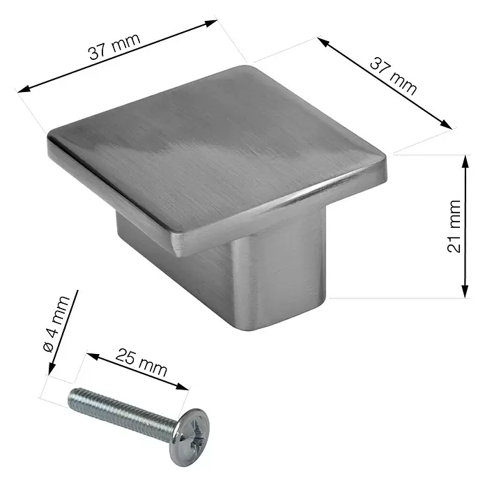 Walteco Möbelknopf Adrian - L x B x H: 37 x 37 x 21 mm, Sonstige, Edelstahl-Optik - Moderner quadratischer Möbelgriff aus gebürstetem Metall, 37x37x21mm, inkl. 4x25mm Schraube.