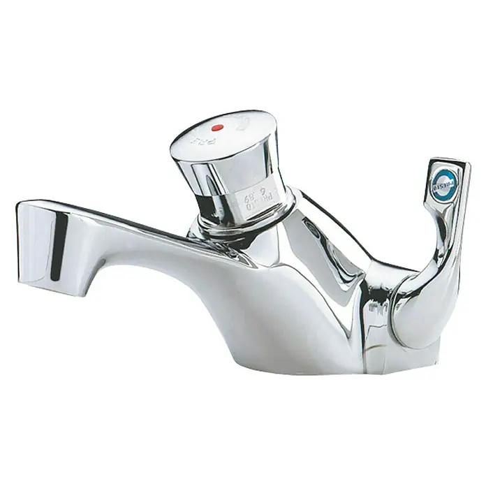 Grifo con temporizador 2 aguas 3000 - Cromo - Brillante grifo Presto con punto rojo en el mango y logo azul de Presto. Ideal para baños modernos.