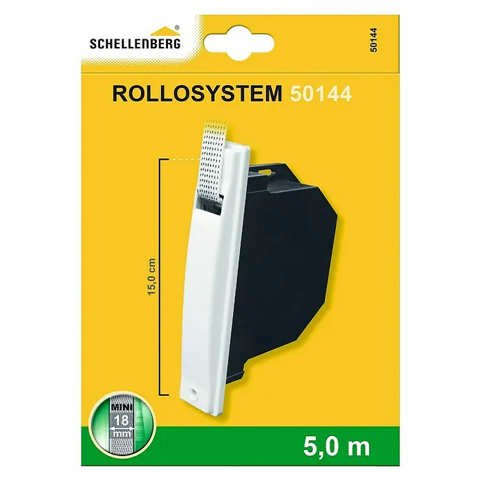 Schellenberg Recogedor de cinta de persiana 50144 - Distancia entre orificios: 155 mm, Anchura de la correa: 16 mm, Tipo de montaje: Empotrado - ROLLO SYSTEM 50144 de Schellenberg con una longitud de 5,0 m y un ancho de 18 mm. La altura de la persiana es de 15 cm.