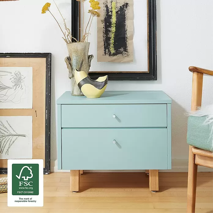 Wagner System Möbelfuß Classic ST 7810 - L x B x H: 60 x 60 x 110 mm, Holz - Mintgrüne Kommode mit zwei Schubladen, Naturholzbeinen und kleinen silbernen Knöpfen.