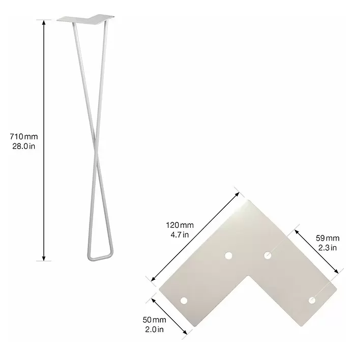 Wagner System Möbelfuß Hairpin Twist - Höhe: 710 mm, Stahl, Hellgrau - Weißes Metall-Hairpin-Tischbein (710mm/28.0in) und L-förmiger Montagewinkel (120x50x59mm) für Möbel.