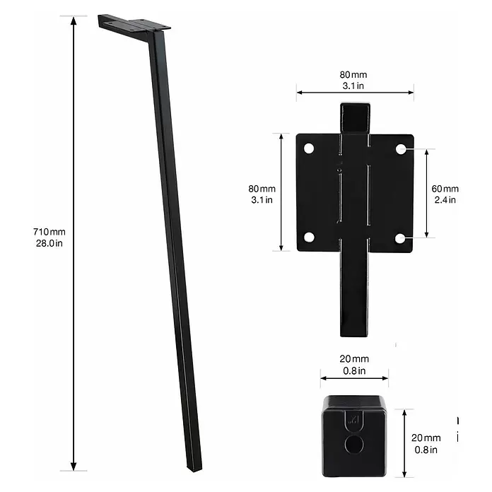 Wagner System Möbelfuß - L x B x H: 20 x 20 x 710 mm, Stahl - Schwarzes Metallmöbelbein mit Montageplatte und Fußkappe, Maße werden angezeigt.