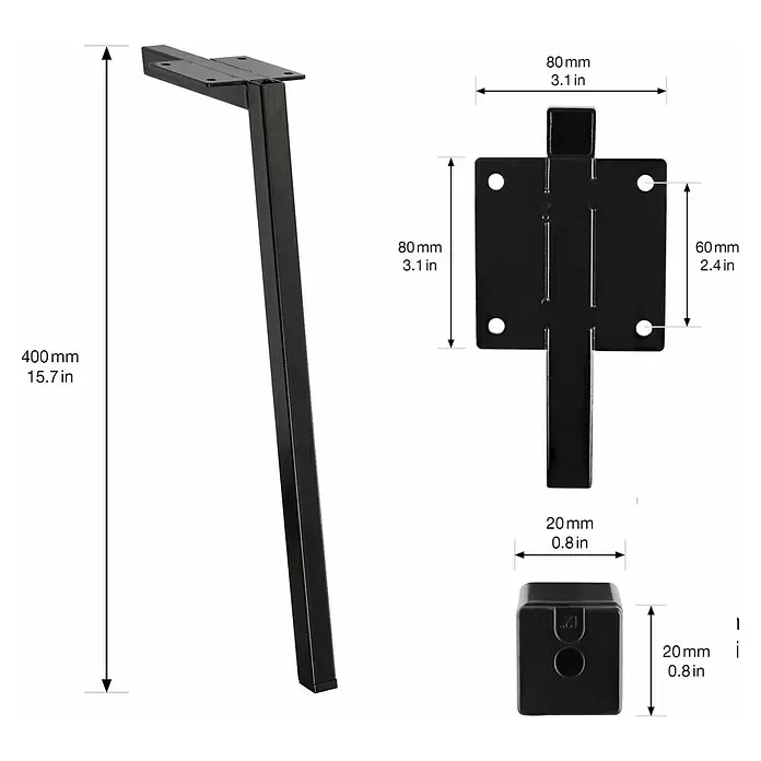 Wagner System Möbelfuß - L x B x H: 20 x 20 x 400 mm, Stahl - Schwarzes Metall-Möbelbein mit Montageplatte und Fußkappe, 400mm (15.7 Zoll) hoch, mit Maßangaben.