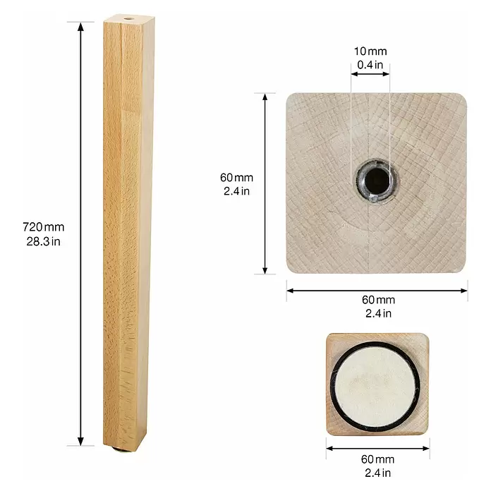 Wagner System Möbelfuß Classic ST 7874 - L x B x H: 60 x 60 x 720 mm, Holz - Hellbrauner Holz-Tischbein mit quadratischem Profil, 720mm hoch. Oben mit 10mm Gewindeeinsatz und unten mit Filzgleiter.