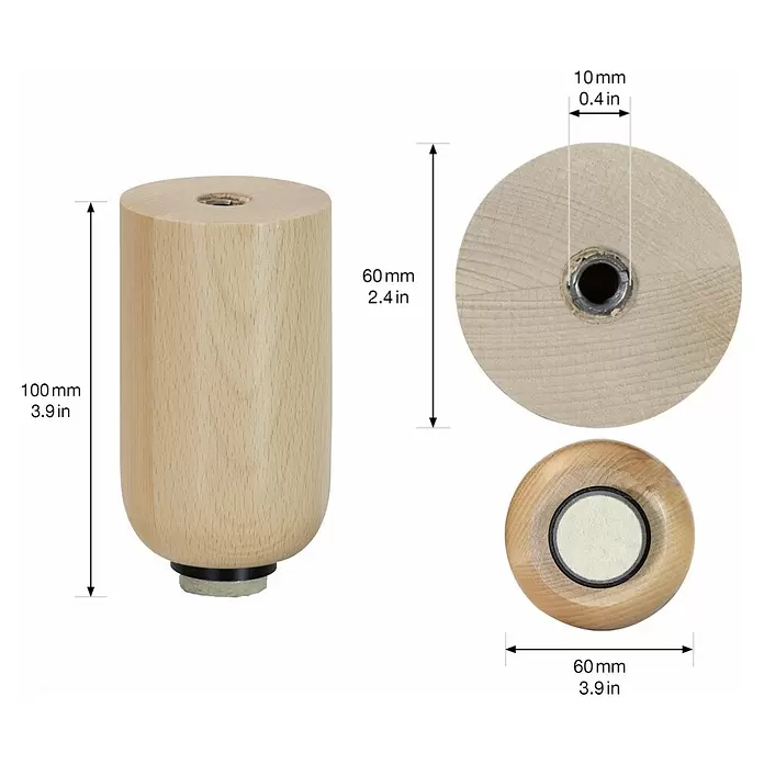 Wagner System Möbelfuß - Ø x H: 60 x 100 mm, Holz - Heller zylindrischer Holzmöbelfuß mit Filzgleiter und Gewindeeinsatz. Maße angezeigt.