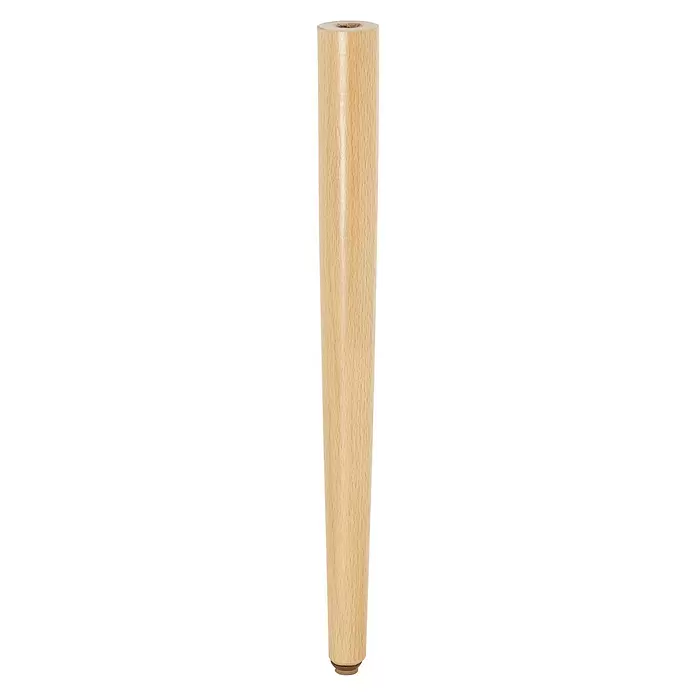 Wagner System Möbelfuß - Ø x H: 35 x 410 mm, Holz - Helles Holz-Möbelbein mit Naturmaserung, konische Form, Befestigungsloch oben, Schutzfuß unten.