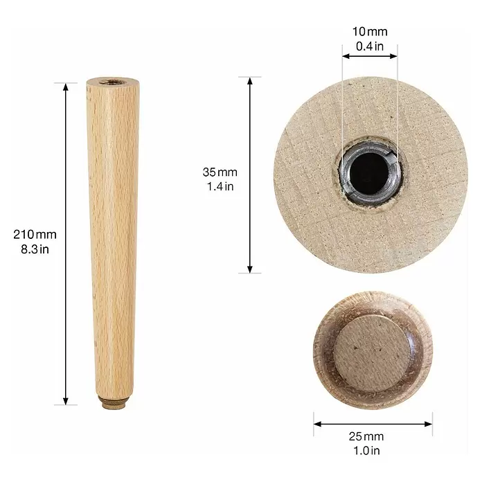 Wagner System Möbelfuß - Ø x H: 35 x 210 mm, Holz - Holzmöbelbein mit Gewindeeinsatz und Schutzgleiter, mit Maßen dargestellt.