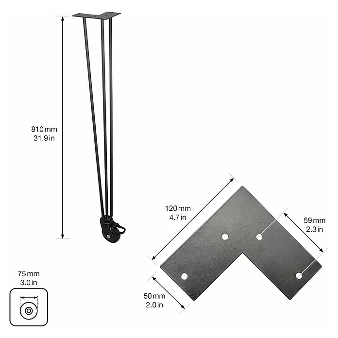 Wagner System Möbelfuß - L x B x H: 120 x 120 x 810 mm, Stahl - Schwarzmetall-Haarnadel-Möbelfuß mit Rollrad und L-förmiger Montageplatte, Maße angezeigt.