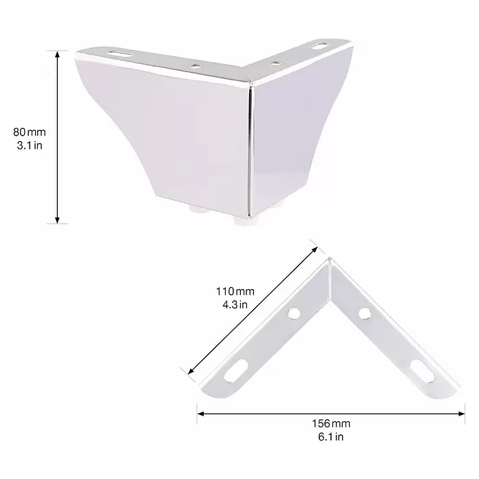 Wagner System Möbelfuß - L x B x H: 110 x 110 x 76 mm, Stahl, Chromfarben - Glänzender Chrom-Möbeleckfuß (80mm hoch) und ein L-förmiger Montagehalter mit Maßen.