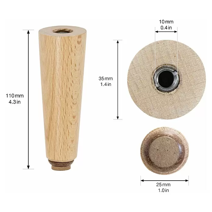 Wagner System Möbelfuß - Ø x H: 35 x 110 mm, Holz - Konischer Möbelfuß aus hellem Naturholz mit Metalleinsatz und Filzgleiter. Maße sind abgebildet.
