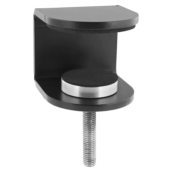 Wagner System Klemmbefestigung - L x B x H: 70 x 65 x 60 mm, Schraubengewinde: M 10 - Schwarze C-Klemme mit silberner Gewindeschraube und schützenden Filzpolstern zur sicheren Befestigung.