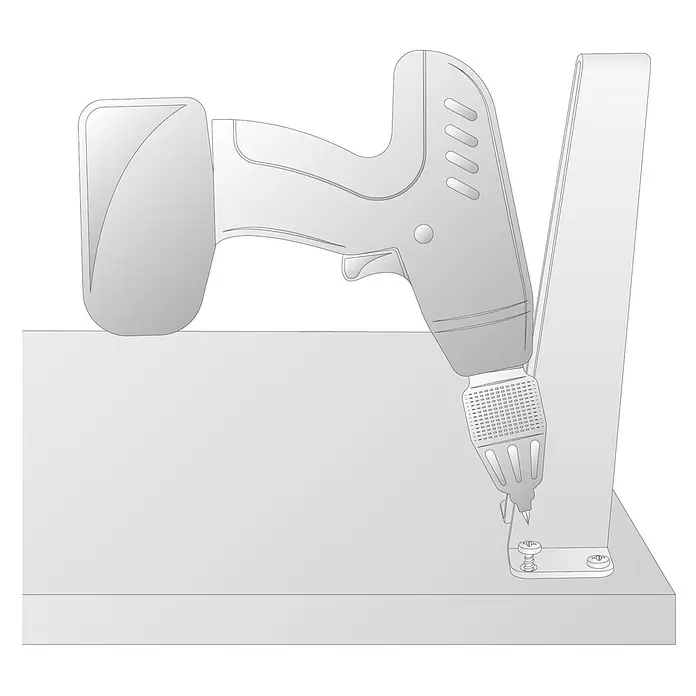 Wagner System Möbelfuß - L x B x H: 20 x 20 x 710 mm, Stahl - Grauer Akku-Bohrschrauber treibt eine Kreuzschlitzschraube in eine Metallhalterung auf einer Holzoberfläche.