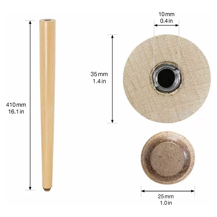 Wagner System Möbelfuß - Ø x H: 35 x 410 mm, Holz - Konisches Möbelbein aus hellem Holz, 410mm (16.1in) lang. Oben 35mm (1.4in), unten 25mm (1.0in) Durchmesser, mit Metalleinsatz und Fußpolster.