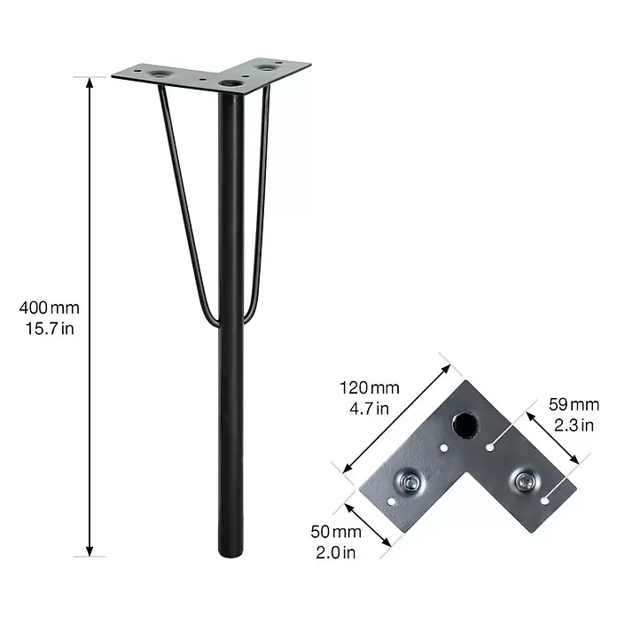 Wagner System Möbelfuß HAIRPIN SA 8440 - L x B x H: 120 x 120 x 400 mm, Stahl - Schwarzmetallener Hairpin-Möbelfuß mit L-förmiger Montageplatte, Maße angegeben.