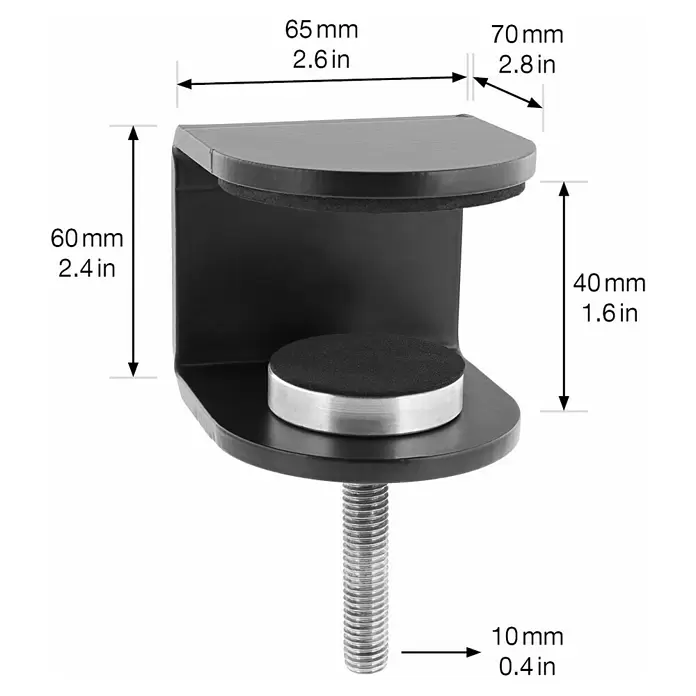Wagner System Klemmbefestigung - L x B x H: 70 x 65 x 60 mm, Schraubengewinde: M 10 - Schwarze C-Klemme mit gepolsterten Oberflächen und Gewindeschraube, mit detaillierten Maßen.