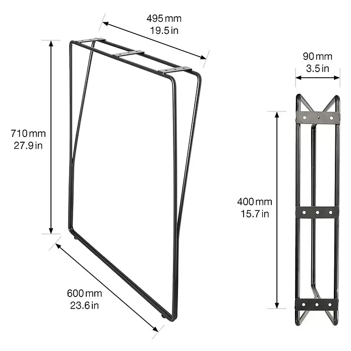 Wagner System Möbelfuß - L x B x H: 600 x 90 x 710 mm, Stahl - Schwarze Metall-Hairpin-Tischbeine mit Montageplatten, detaillierte Maße angezeigt.