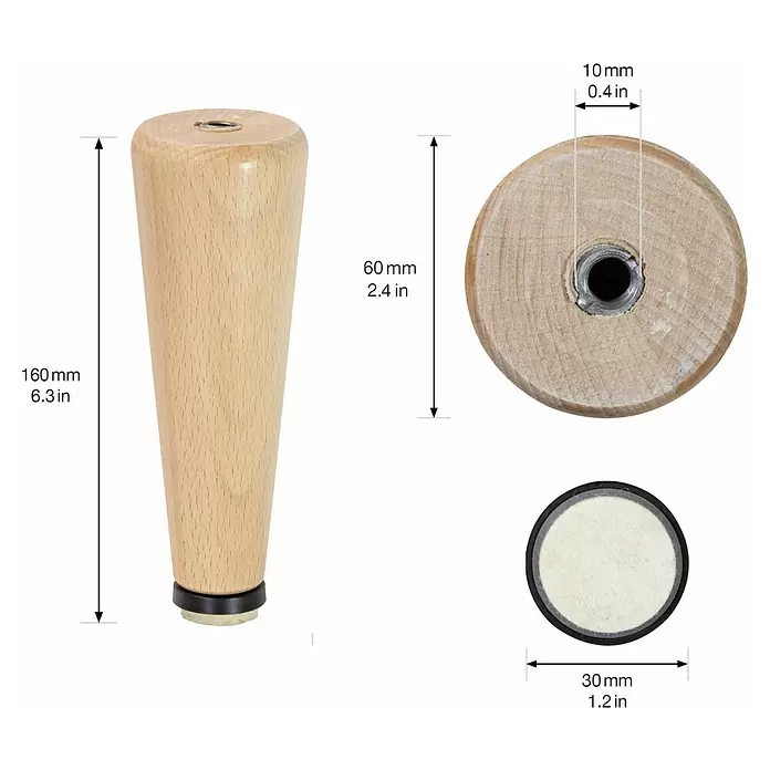 Wagner System Möbelfuß Classic - Ø x H: 60 x 160 mm, Holz, Braun - Konisches Möbelbein aus hellem Holz mit Filzgleiter. Maße: 160mm Höhe, 60mm oben, 30mm Basis.