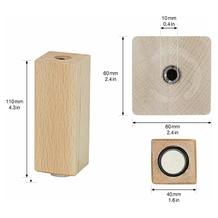 Wagner System Möbelfuß Classic ST 7810 - L x B x H: 60 x 60 x 110 mm, Holz - Hellbrauner, quadratischer Holzmöbelfuß mit Gewindeeinsatz oben und Filzgleiter unten, bemaßt.