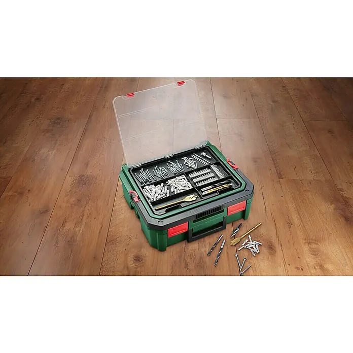 Bosch Systemkoffer SystemBox Größe S - L x B x H: 34,3 x 39 x 12,1 cm, Werkzeugaufbewahrung - Offener Sortimentskasten mit diversen Schrauben, Dübeln und Bohrern auf einem Holzboden. Ideal für Heimwerker und Profis.