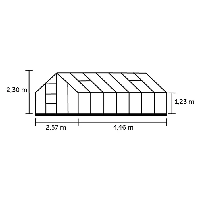 Halls Gewächshaus Universal 128 - Inkl. Fundamentrahmen - Diagramm eines rechteckigen Gewächshauses mit Satteldach, das Höhen-, Breiten- und Längenmaße zeigt.
