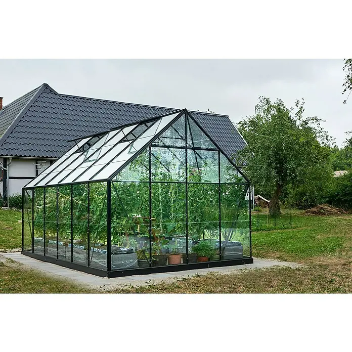 Halls Gewächshaus Universal 128 - Inkl. Fundamentrahmen - Ein geräumiges Gewächshaus mit Pflanzen darin, vor dem Hintergrund eines Hauses und eines Gartens.