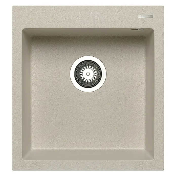Pyramis Einbauspüle Istros - B x L: 46 x 50 cm, Beige - Nahaufnahme eines quadratischen Spülbeckens in Steinoptik mit einem runden Abfluss in der Mitte.