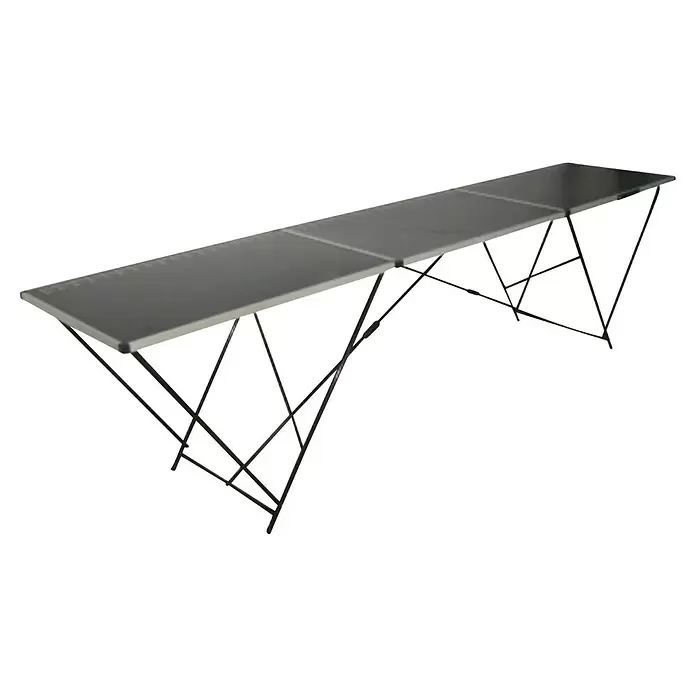 Mesa con caballetes - 297 x 59,5 x 75 cm, Aluminio - Mesa plegable larga, gris y portátil con patas metálicas en forma de X.