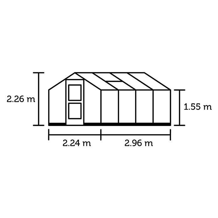 Juliana Gewächshaus Compact - Außenmaß inkl. Dachüberstand (B x T): 224 x 296 cm, Material Seitenwand: Glas, 3 mm, Schwarz - Gewächshaus mit Giebeldach und Vordertür. Maße: Gesamthöhe 2.26m, Traufhöhe 1.55m, Breite 2.24m, Länge 2.96m.