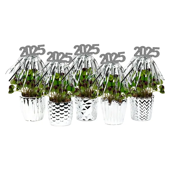 Piardino Zimmerpflanzen-Arrangement Glücksklee - Oxalis, Topfgröße: 6 cm, 1 x Pflanzgefäß, 1 x Glücksklee, Deko - Silberne Neujahrstischdekoration 2025 mit Glücksklee in verschiedenen silbernen Übertöpfen mit originellen Mustern für festliche Stimmung.