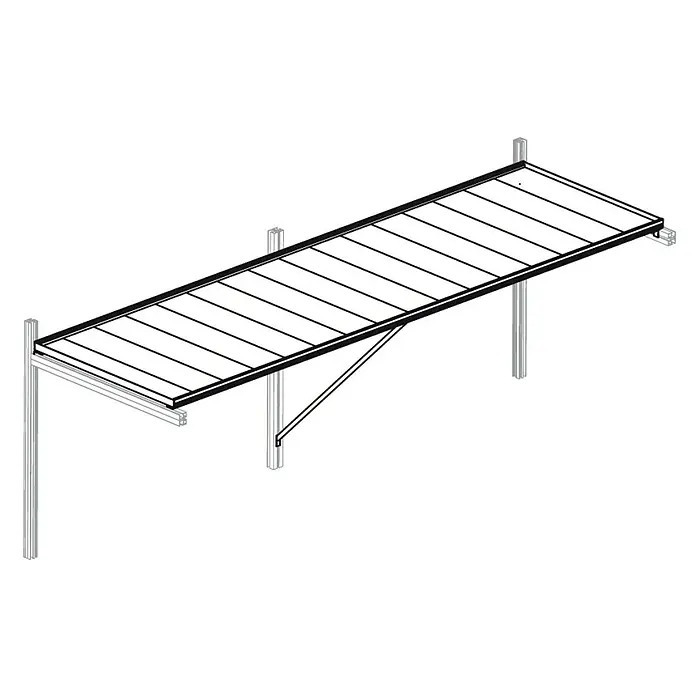 KGT Gewächshaus-Tisch - 110 x 63,5 x 85 cm - Zeichnung einer Lagerbühne mit Paneelen und Stützstruktur, die eine erhöhte Lagerfläche zeigt.