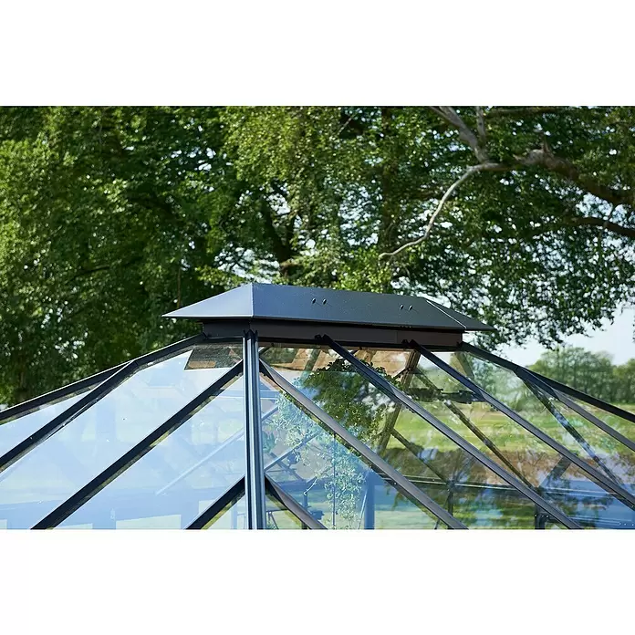 Juliana Gewächshaus Grand Oase - Außenmaß inkl. Dachüberstand (B x T): 511 x 368 cm, Material Seitenwand: Glas, 3 mm, Anthrazit - Dunkelgraues Gewächshausdach mit Glaspaneelen und Dachluke.