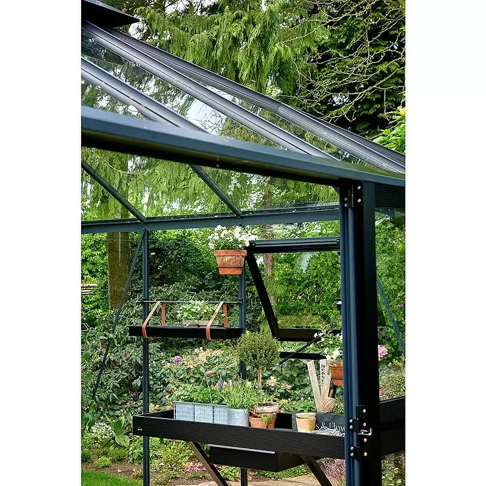 Juliana Gewächshaus Grand Oase - Außenmaß inkl. Dachüberstand (B x T): 439 x 296 cm - Dunkelgraues Gewächshaus-Interieur mit Glasfenstern, Ablagen für Pflanzen und Gartenzubehör.