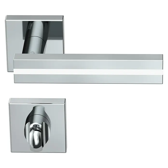 Diamond Doors Black Edition Zimmertürgarnitur WC Hampton White - Chrom, Stärke Tür: 40 mm - 45 mm, Schlitzkopf/Olive - Nahaufnahme eines modernen, quadratischen Türgriffs aus Chrom mit einem minimalistischen Design auf schwarzem Hintergrund.