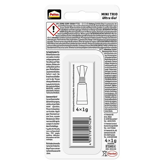 Pattex Sekundenkleber Mini Trio Ultra Gel - 1 g, Tube, Gelartig, 4 Stk. - Pattex Mini Trio Ultra Gel Sekundenkleber 4x1g Packung, mit Illustration einer kleinen weißen Klebstofftube.