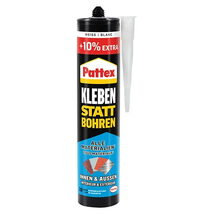 Pattex Montagekleber Kleben statt Bohren Innen & Außen - 495 g, Kartusche - Abbildung einer Kartusche Pattex Kleben statt Bohren, ein starker Montagekleber für Innen- und Außenbereiche mit extra Füllmenge.