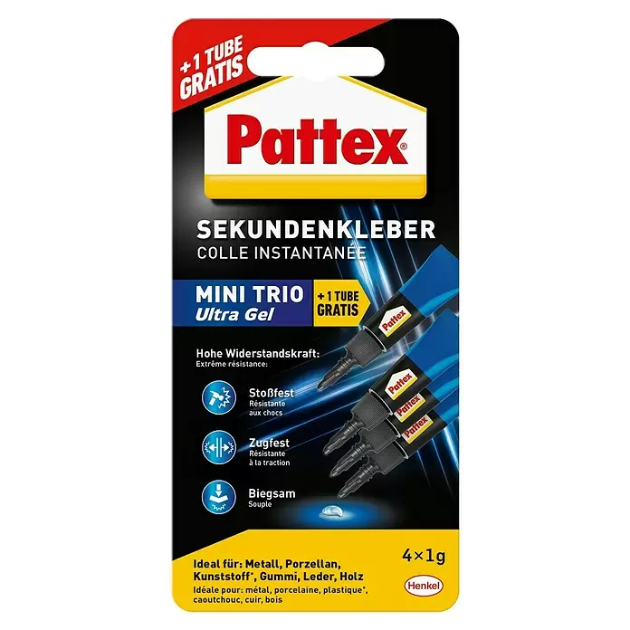 Pattex Sekundenkleber Mini Trio Ultra Gel - 1 g, Tube, Gelartig, 4 Stk. - Pattex Sekundenkleber Mini Trio Ultra Gel im 4er-Pack mit extra Tube, blau, für vielfältige Materialien, stoß-, zugfest und biegsam.