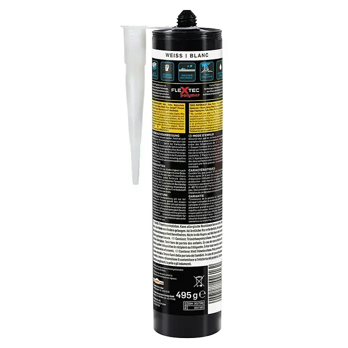 Pattex Montagekleber Kleben statt Bohren Innen & Außen - 495 g, Kartusche - Flextec Polymer Klebstoffkartusche mit starker Haftung und Wasserbeständigkeit für vielfältige Materialien, 495g.