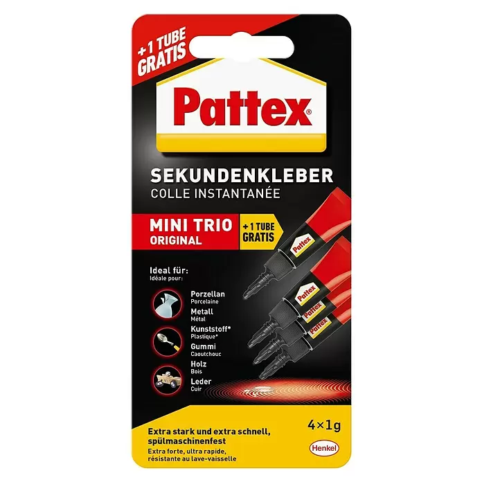 Pattex Sekundenkleber Flüssig - 1 g, Flüssig, Tube, 4 Stk. - Pattex Sekundenkleber, 4x1g Mini-Tuben in rot-schwarzer Blisterverpackung, inkl. einer Gratismenge.