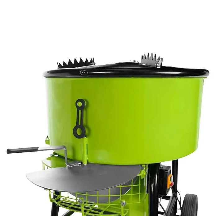 Zipper Elektro-Betonmischer Zwangsmischer ZI-ZWM120 - L x B x H: 880 x 770 x 1.070 mm, 120 l, 1.100 W - Nahaufnahme eines leuchtend grünen Zwangsmischers mit schwarzem Rand und silbergrauem Schutzschild.