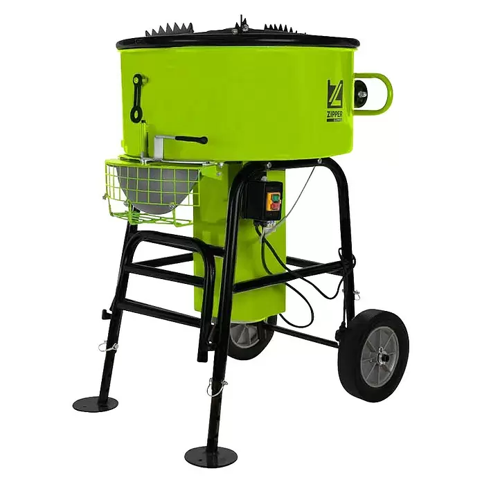 Zipper Elektro-Betonmischer Zwangsmischer ZI-ZWM120 - L x B x H: 880 x 770 x 1.070 mm, 120 l, 1.100 W - Hellgrüner Mörtelmischer mit schwarzem Gestell, Bedienfeld, Rädern und verstellbaren Stützbeinen zum Mischen von Baumaterialien.