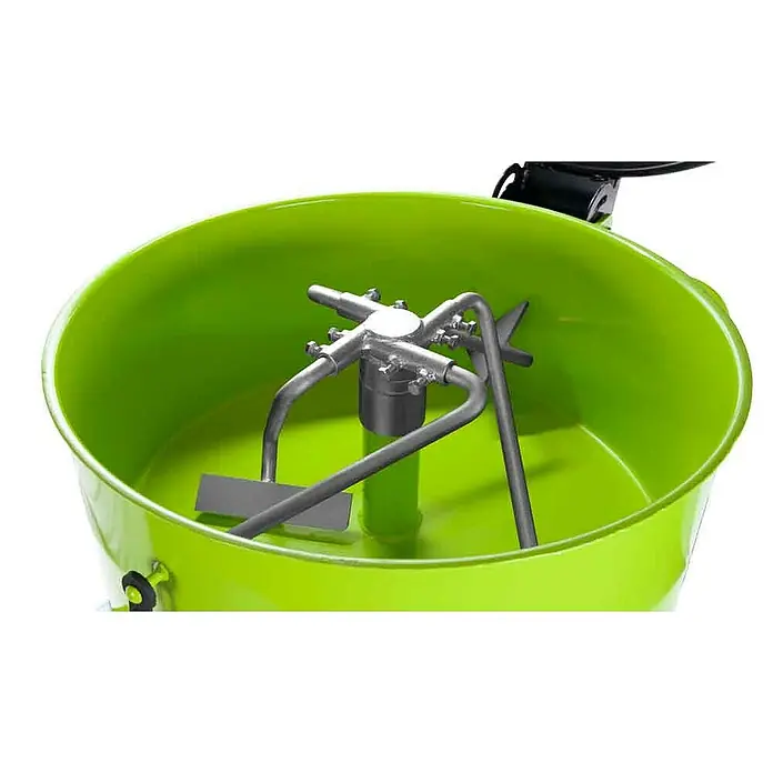 Zipper Elektro-Betonmischer Zwangsmischer ZI-ZWM120 - L x B x H: 880 x 770 x 1.070 mm, 120 l, 1.100 W - Nahaufnahme eines Farbmischers mit grünem Eimer und silbernem Rührwerk, ideal zum Mischen von Farben und Beschichtungen.